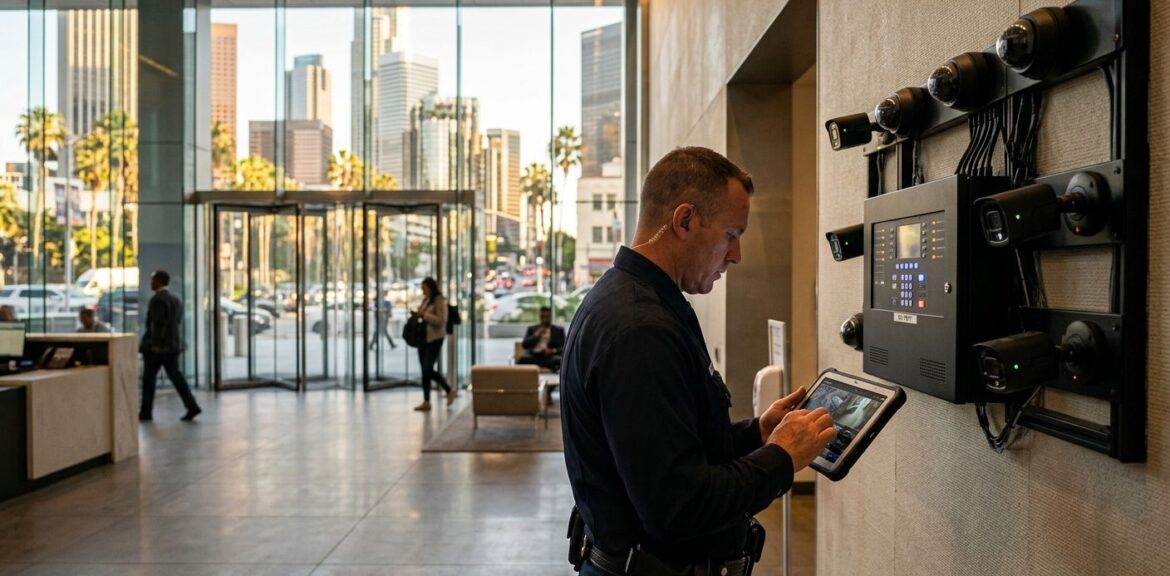 Professional photograph of a modern commercial security system control panel and cameras in a Los Angeles business office with skyscrapers and palm trees visible through windows, a uniformed technician reviewing a tablet, warm sunlight streaming in