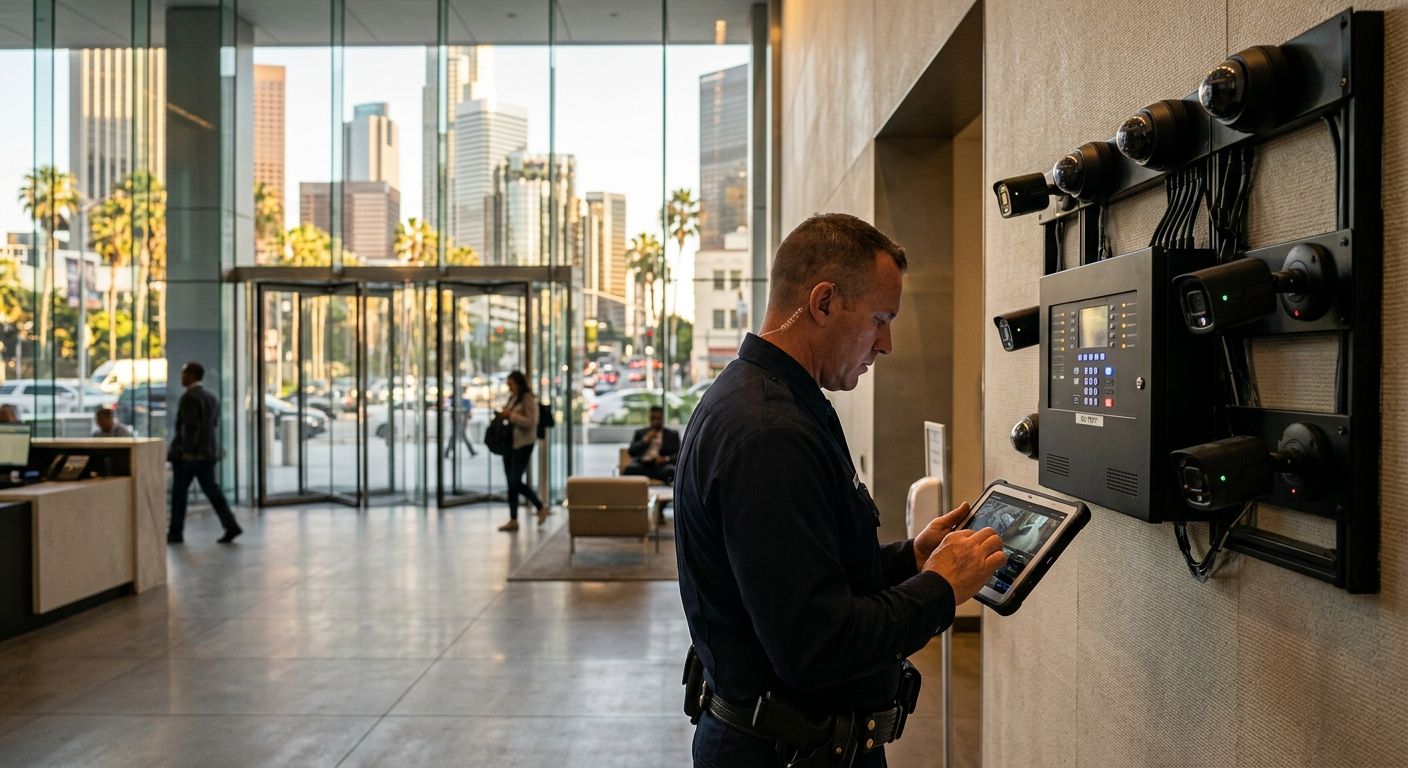 Professional photograph of a modern commercial security system control panel and cameras in a Los Angeles business office with skyscrapers and palm trees visible through windows, a uniformed technician reviewing a tablet, warm sunlight streaming in