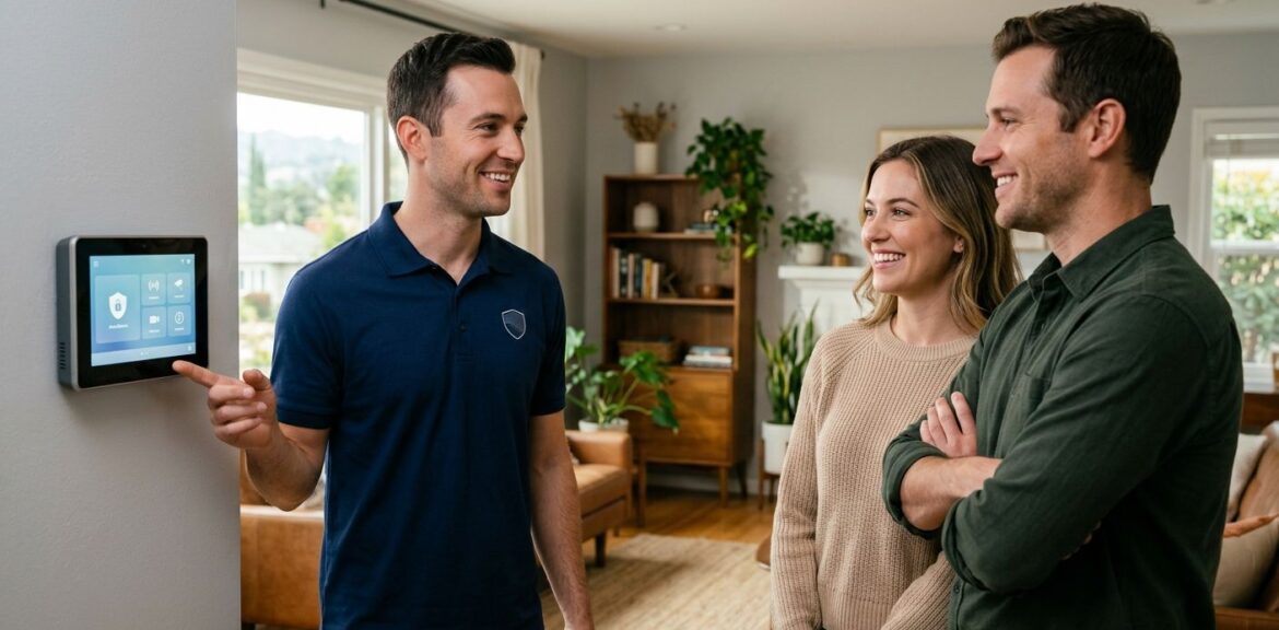 Friendly male technician in a branded polo shirt stands beside a modern smart home security panel mounted on a wall inside a bright, airy Glendale living room; a smiling homeowner couple watches confidently.