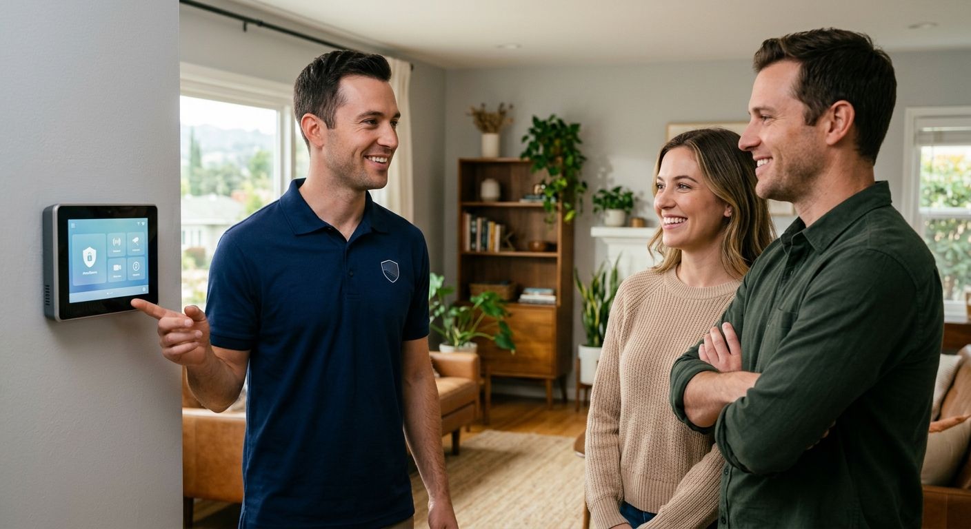 Friendly male technician in a branded polo shirt stands beside a modern smart home security panel mounted on a wall inside a bright, airy Glendale living room; a smiling homeowner couple watches confidently.