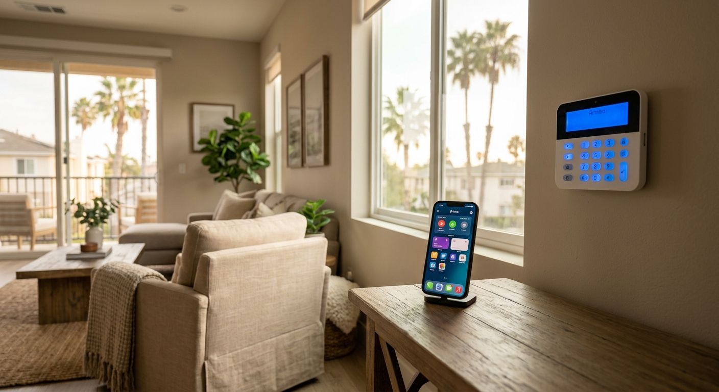 Professional photograph of a modern Los Angeles living room with a wall-mounted alarm keypad displaying 'Armed' in bright blue and a smartphone in the foreground showing the Prima app security screen, sunlit palm tree through window