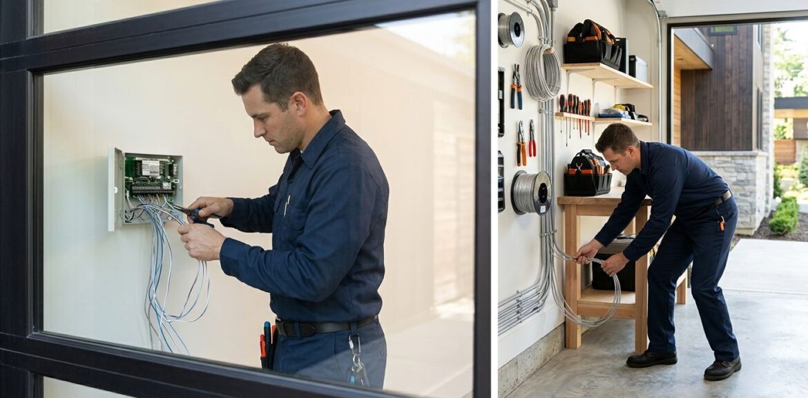 Professional photograph of a modern home exterior view through a window showing a hardwired alarm control panel mounted on an interior wall, with a uniformed technician routing cables in a well-lit utility room.