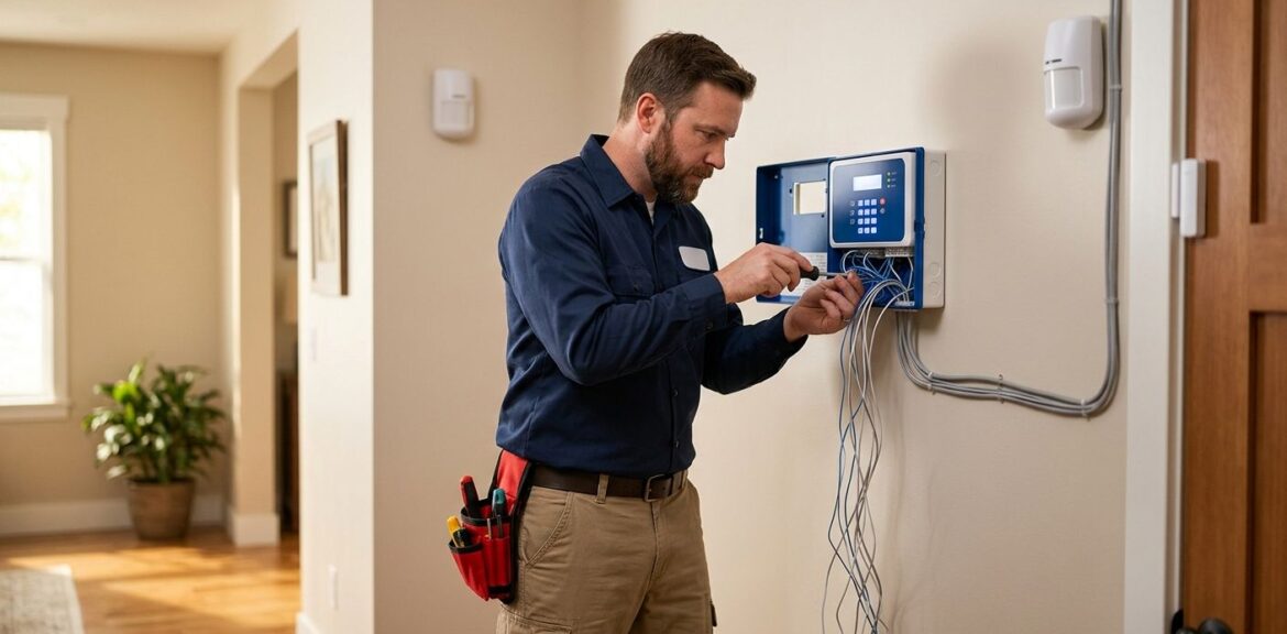 Professional photograph of a licensed technician installing a hardwired home security control panel with neatly routed wiring and sensors in a clean residential interior