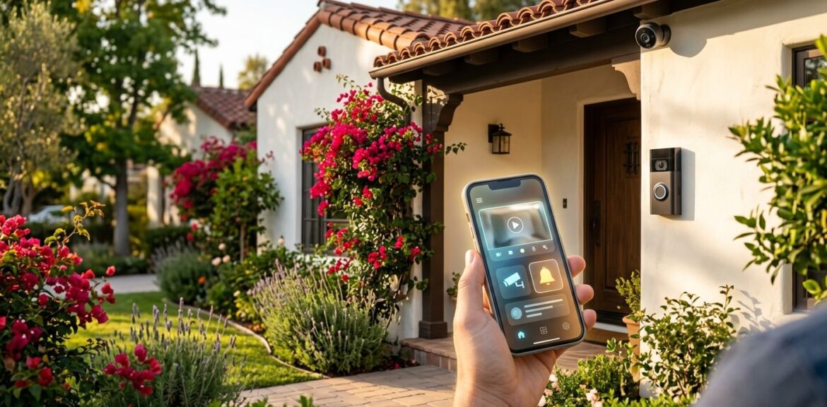 Professional photo of a Pasadena home with video doorbell, outdoor camera, and smartphone showing security app, sunny afternoon.