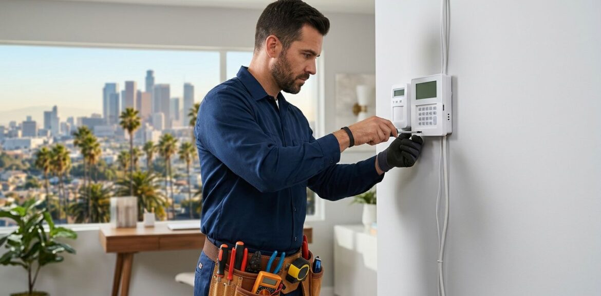 Professional alarm technician installing a security control panel in a bright Los Angeles home, with skyline and palm trees visible through the window