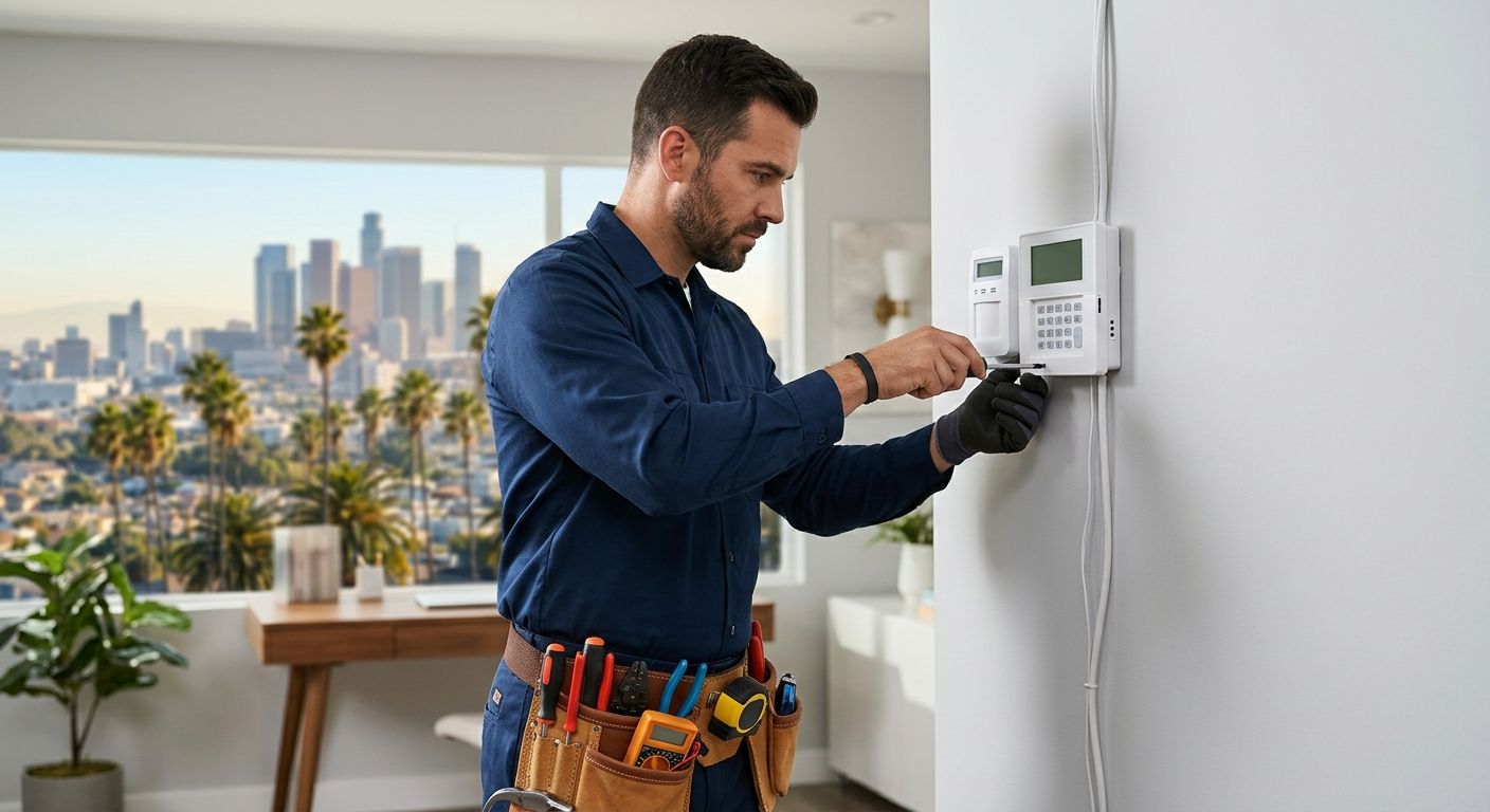 Professional alarm technician installing a security control panel in a bright Los Angeles home, with skyline and palm trees visible through the window
