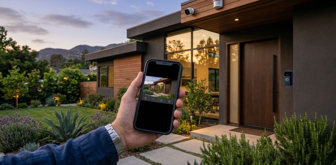 Modern home in La Cañada Flintridge with video doorbell, outdoor security camera, and motion sensor; homeowner's hand holding smartphone showing live camera feed and alarm status in warm evening light.
