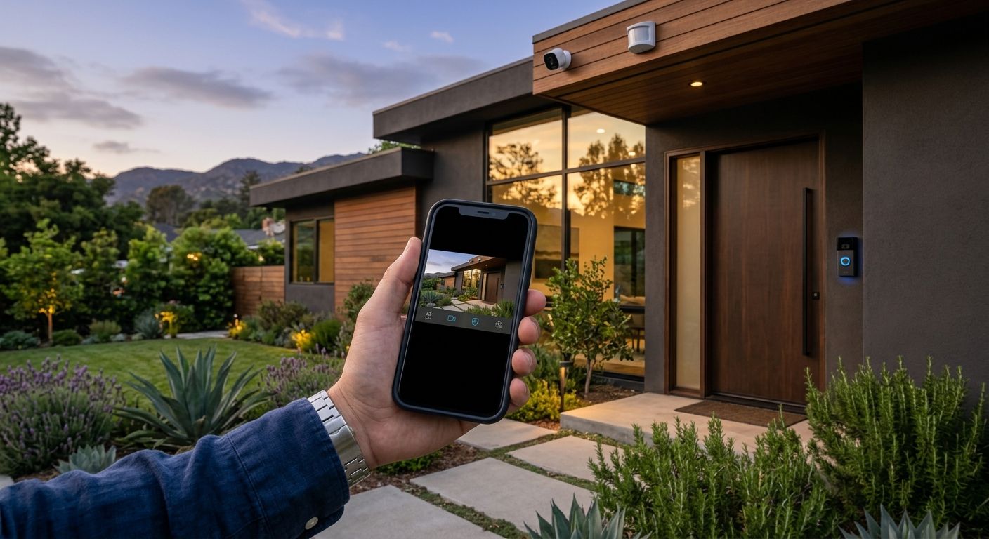 Modern home in La Cañada Flintridge with video doorbell, outdoor security camera, and motion sensor; homeowner's hand holding smartphone showing live camera feed and alarm status in warm evening light.