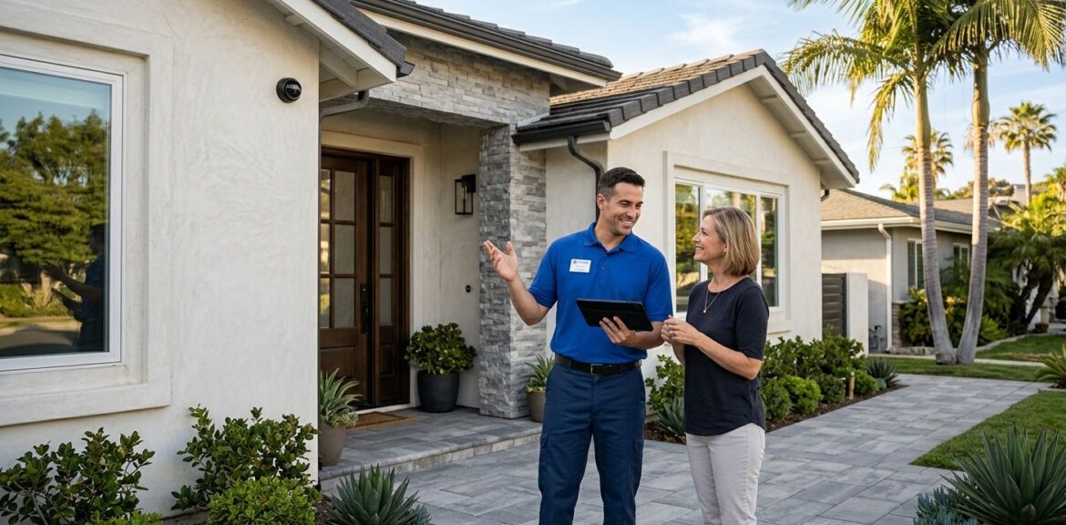 A professional photograph of a modern single-family home in Burbank, California, with a security camera mounted near the front door. A uniformed technician holding a tablet explains the system to a homeowner. Stucco walls, tile roof, and palm trees frame the scene under warm sunlight.