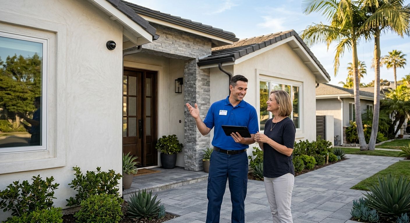 A professional photograph of a modern single-family home in Burbank, California, with a security camera mounted near the front door. A uniformed technician holding a tablet explains the system to a homeowner. Stucco walls, tile roof, and palm trees frame the scene under warm sunlight.