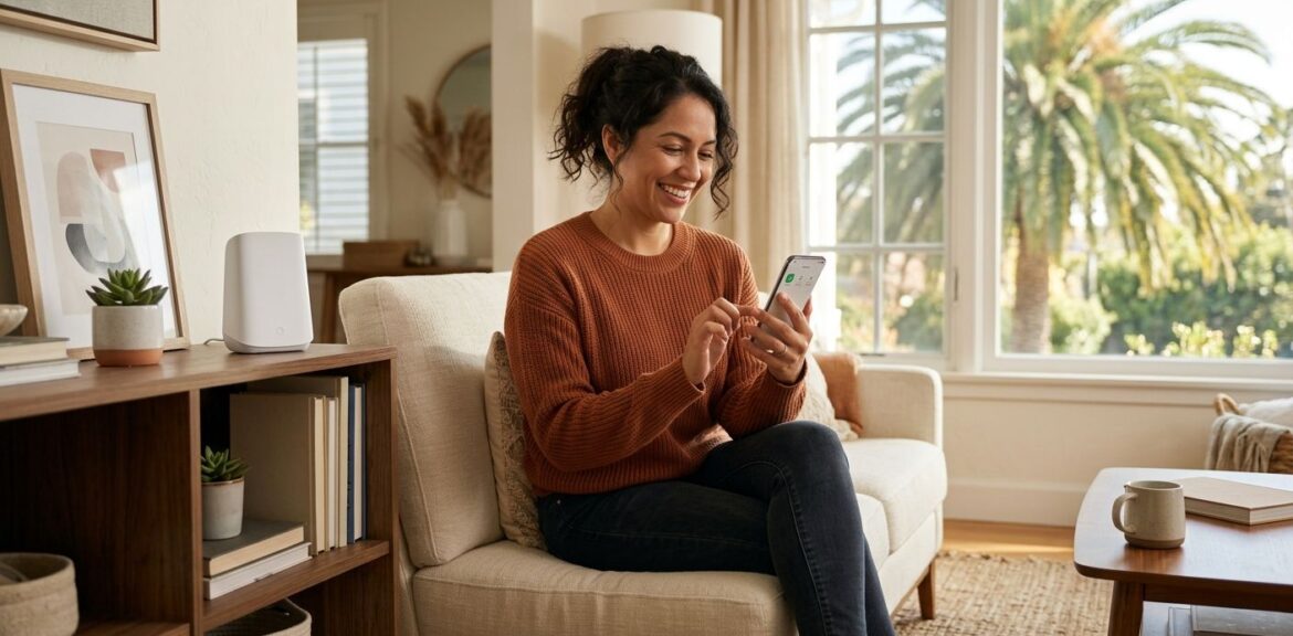 A smiling woman in a modern Southern California living room checks her Alula security app on a smartphone next to the Prima hub on a shelf, with sunlight streaming through windows and a palm tree outside.