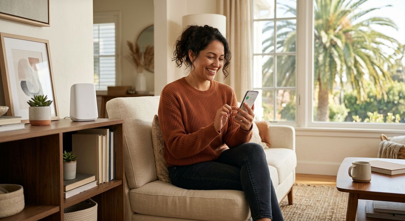 A smiling woman in a modern Southern California living room checks her Alula security app on a smartphone next to the Prima hub on a shelf, with sunlight streaming through windows and a palm tree outside.