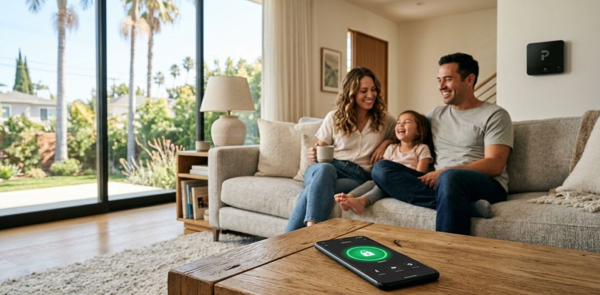 bright modern Los Angeles living room with a family relaxing on a sofa, a smartphone on the coffee table displaying a home security app with a green armed indicator, and a wall-mounted security panel in the background