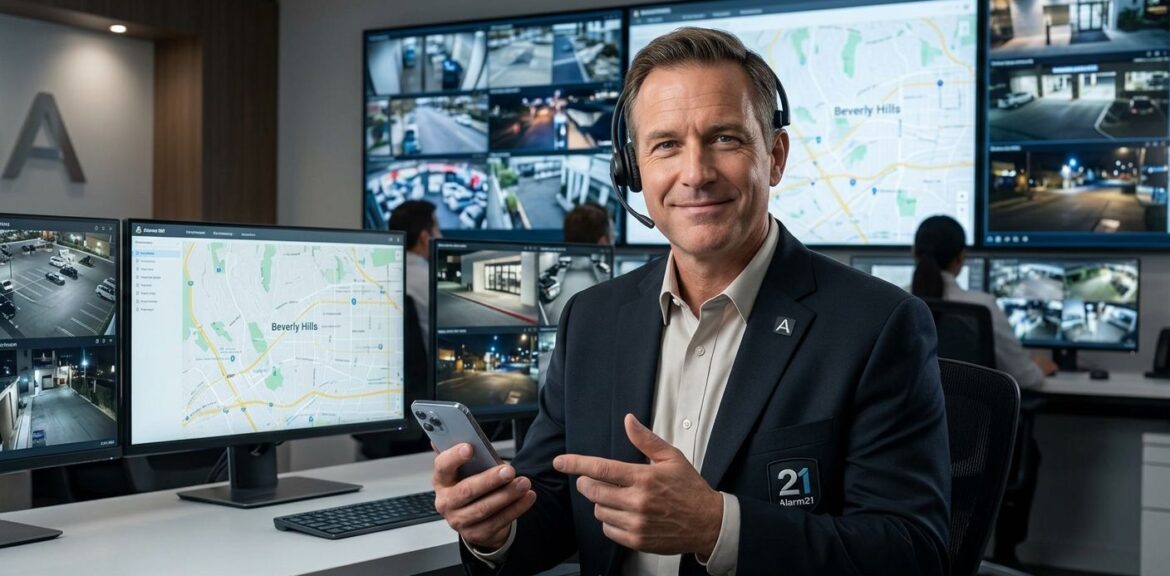 Professional photo of a friendly security specialist in a monitoring center with large screens showing live camera feeds and a Beverly Hills map, holding a phone.