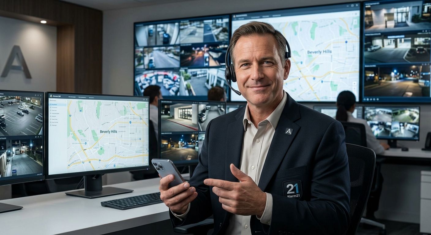 Professional photo of a friendly security specialist in a monitoring center with large screens showing live camera feeds and a Beverly Hills map, holding a phone.
