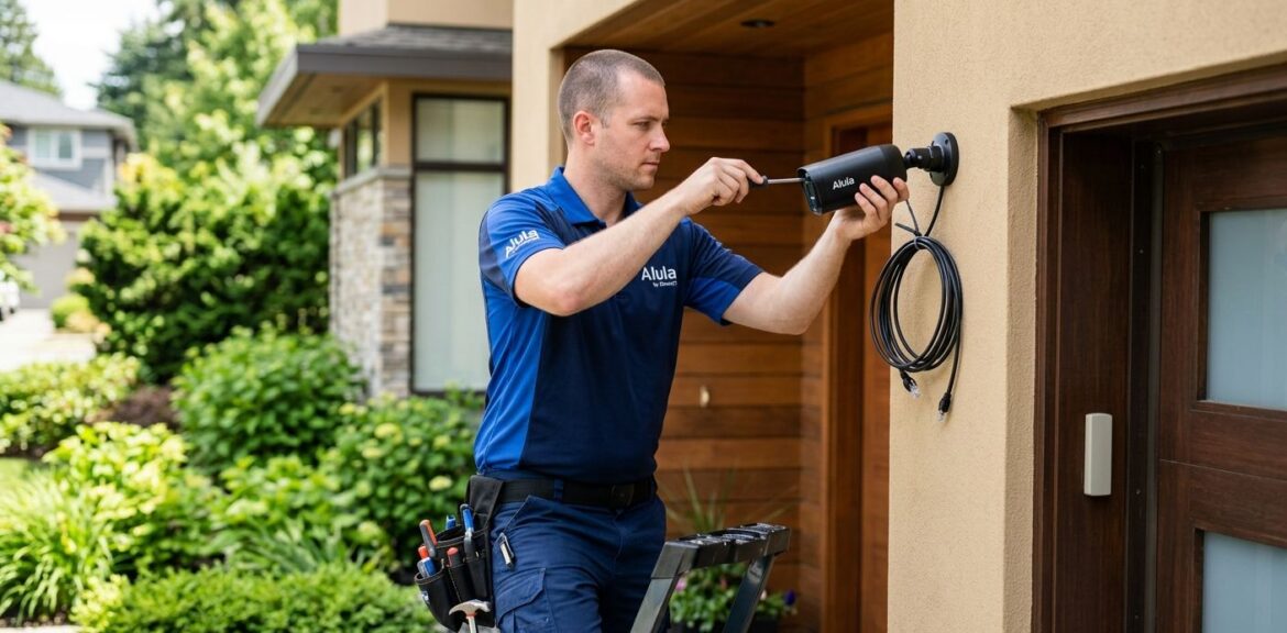 Security technician installing a wired camera at the front entrance of a modern home