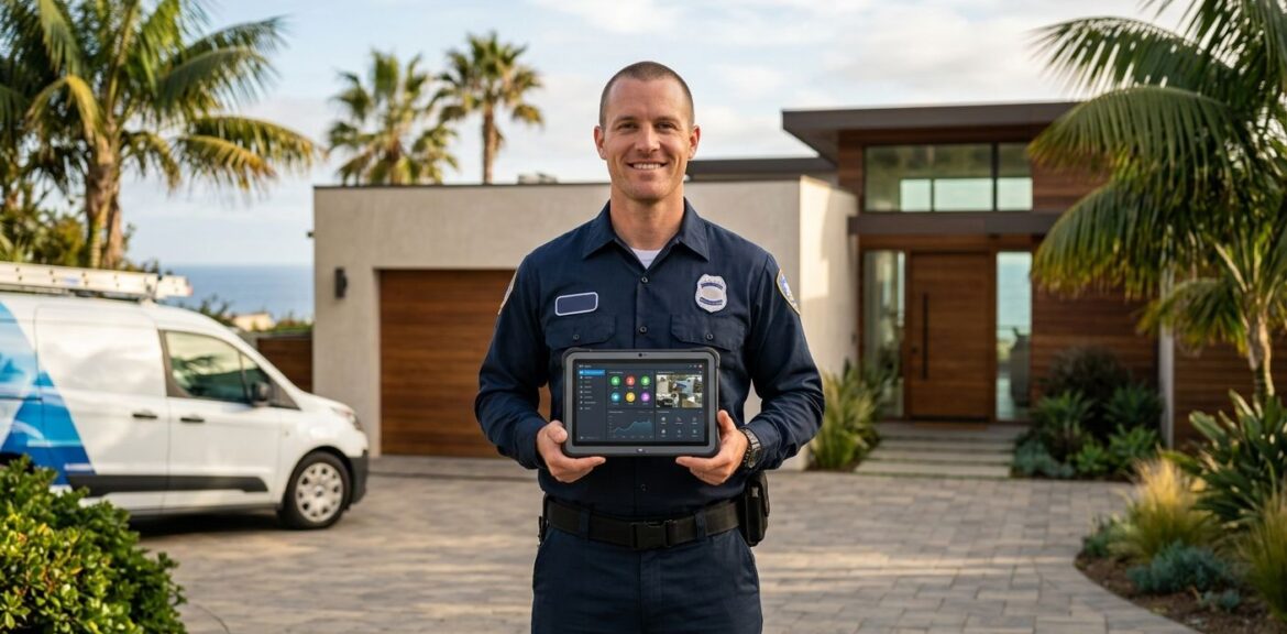 Uniformed home security technician standing in front of a modern Santa Monica home with tablet and branded van