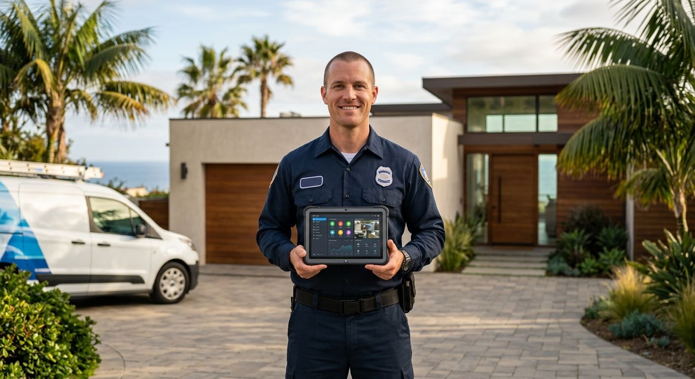 Uniformed home security technician standing in front of a modern Santa Monica home with tablet and branded van