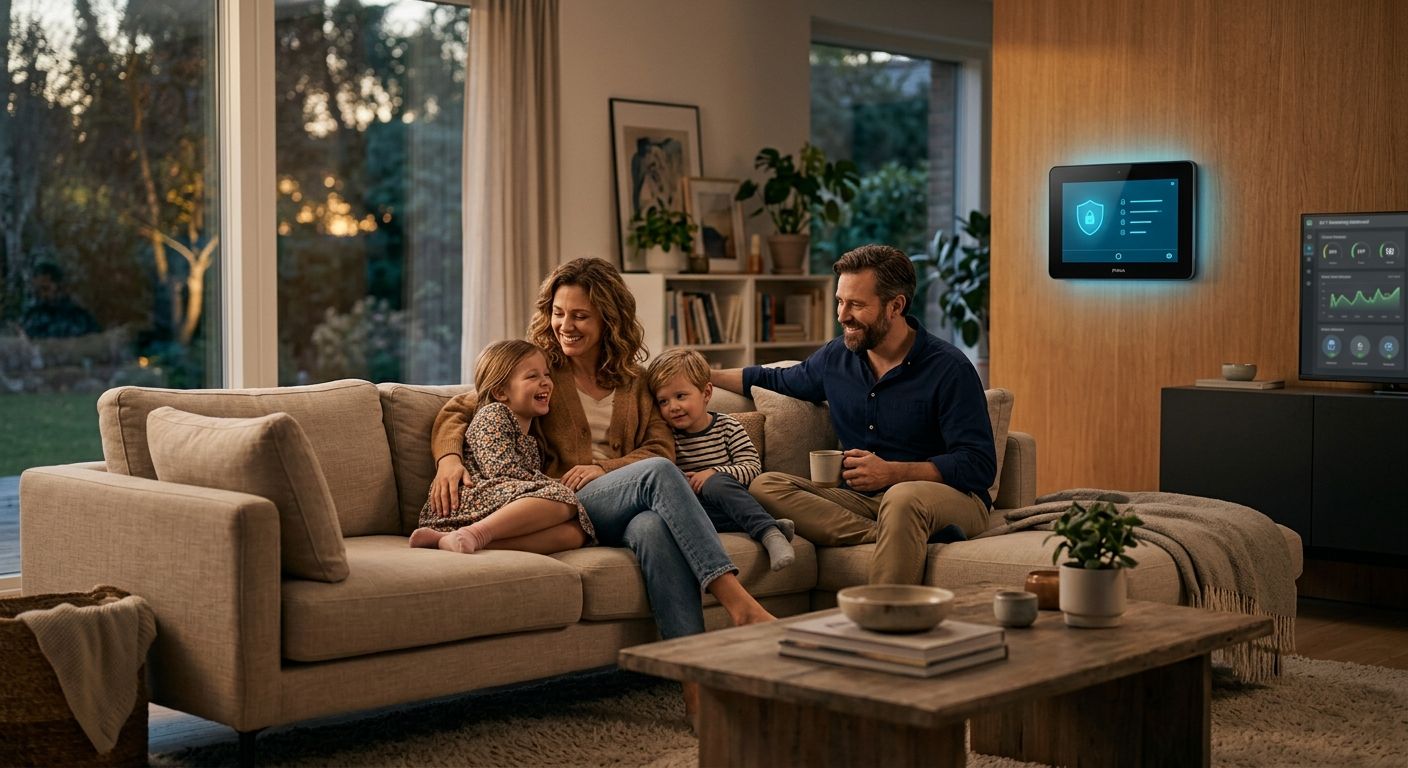 Professional home security photograph showing a modern living room with a glowing Prima alarm panel and a relaxed family, representing safe and monitored home environment.