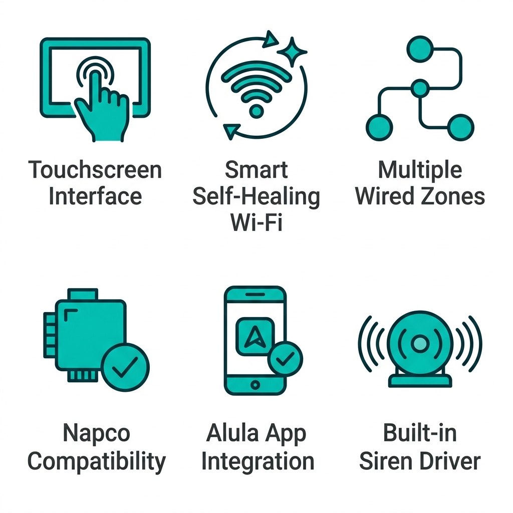 Six flat icons in vibrant teal on a white background, representing features of the Prima All-in-One hardwired security panel.