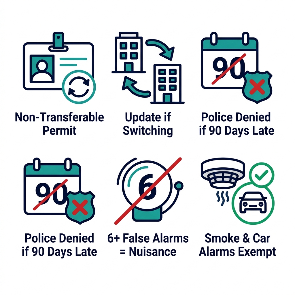 Flat icon set showing Burbank alarm permit rules: non-transferable permit, update if switching company, police denied if 90 days late, six or more false alarms nuisance, smoke and car alarms exempt.