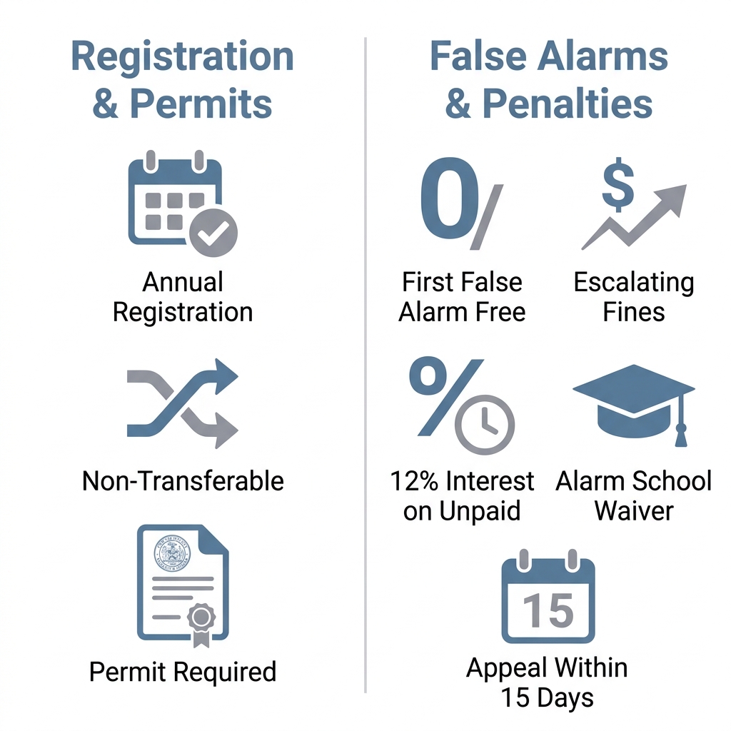 Infographic comparing Glendale alarm registration requirements and false alarm penalties in two columns