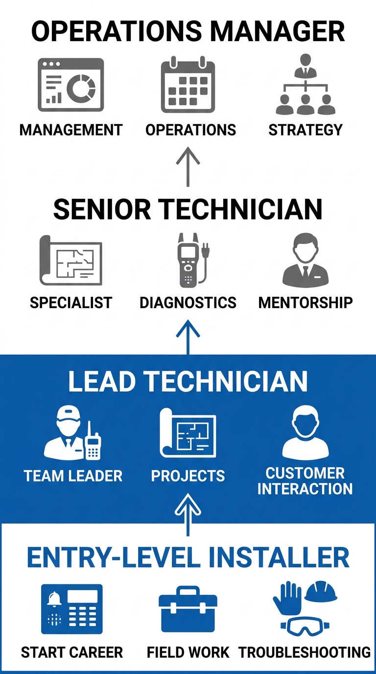 Vertical timeline of four career milestones for an alarm installation technician: Entry-Level Installer, Lead Technician, Senior Technician, Operations Manager, connected by upward arrows, in blue and white Alula brand style.