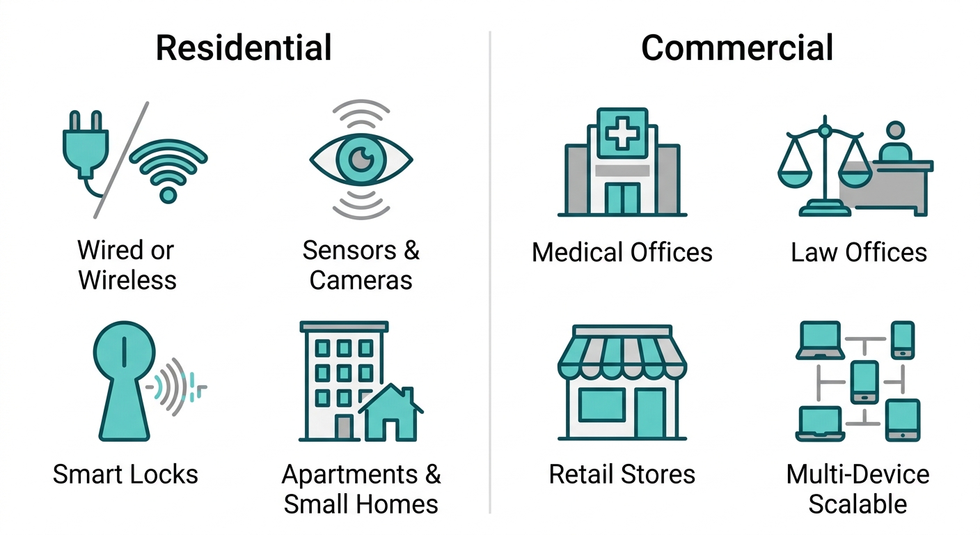 Infographic with two columns: Residential and Commercial. Residential icons: plug and Wi-Fi symbol for wired or wireless, eye and sensor waves for sensors and cameras, keyhole with digital wave for smart locks, apartment building with small house silhouette for apartments and small homes. Commercial icons: medical cross on building for medical offices, scales of justice beside desk for law offices, storefront with awning for retail stores, multiple interconnected devices for multi-device scalable. Flat outlined teal icons on white background with gray accents.