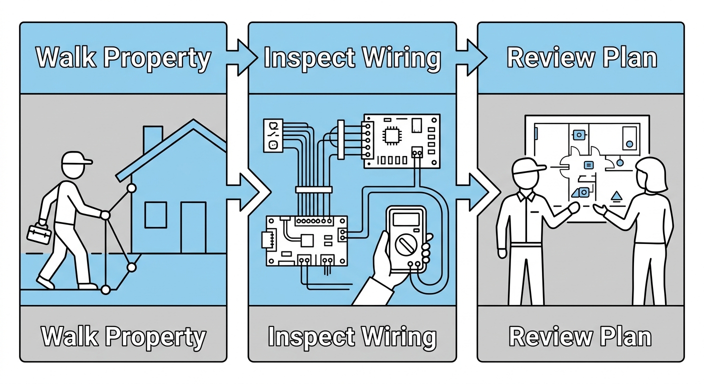 On-site diagnostic process showing three steps: a technician walking a property with a clipboard, inspecting door sensor wiring, and reviewing a security plan with a homeowner on a tablet.