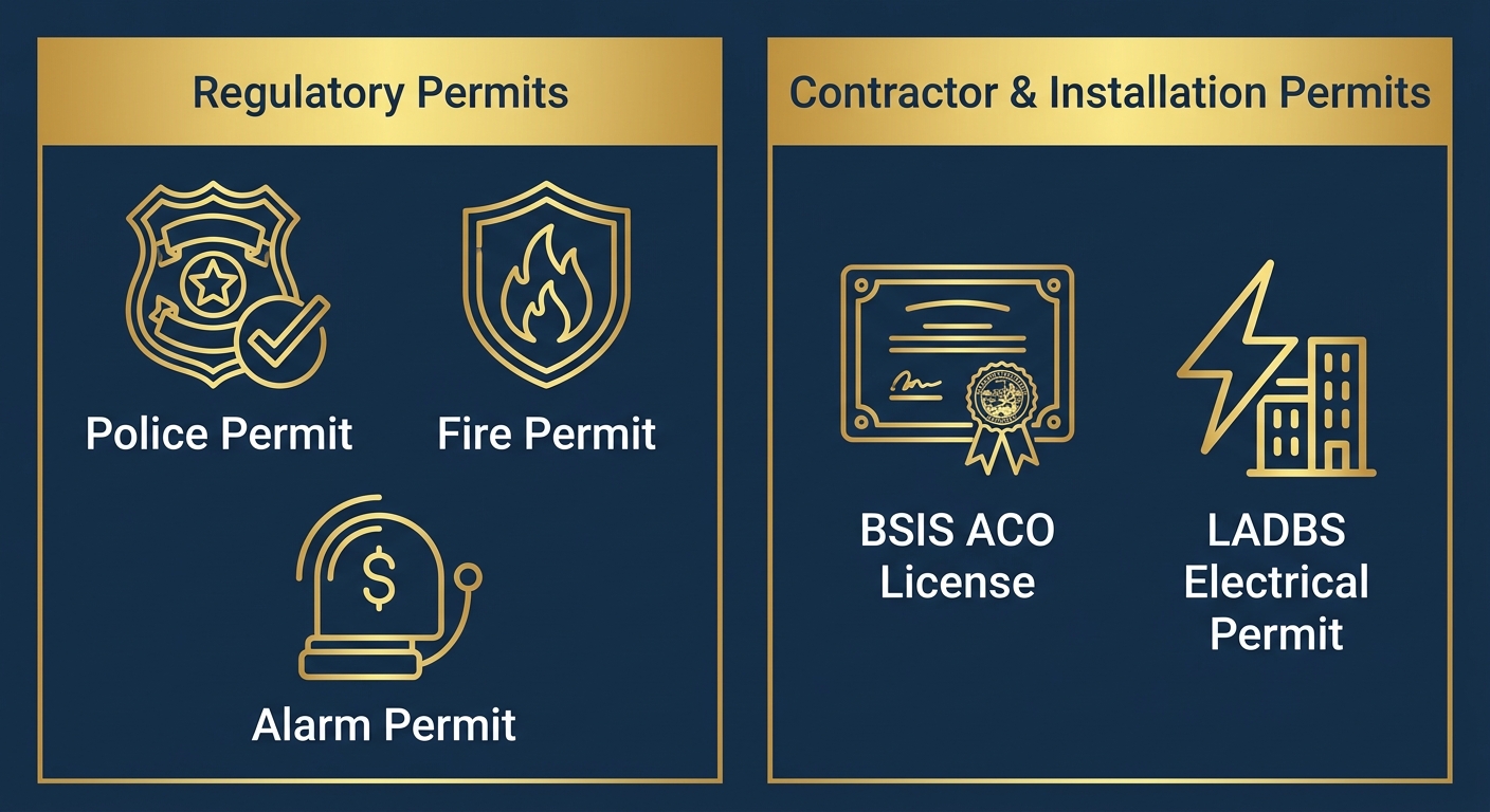 Infographic comparing regulatory and contractor permits for Los Angeles business security, with icons and labels.