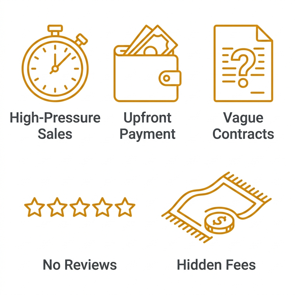 Flat line icons in amber and dark gray on white: stopwatch, wallet, contract with question, empty star, hidden coin.