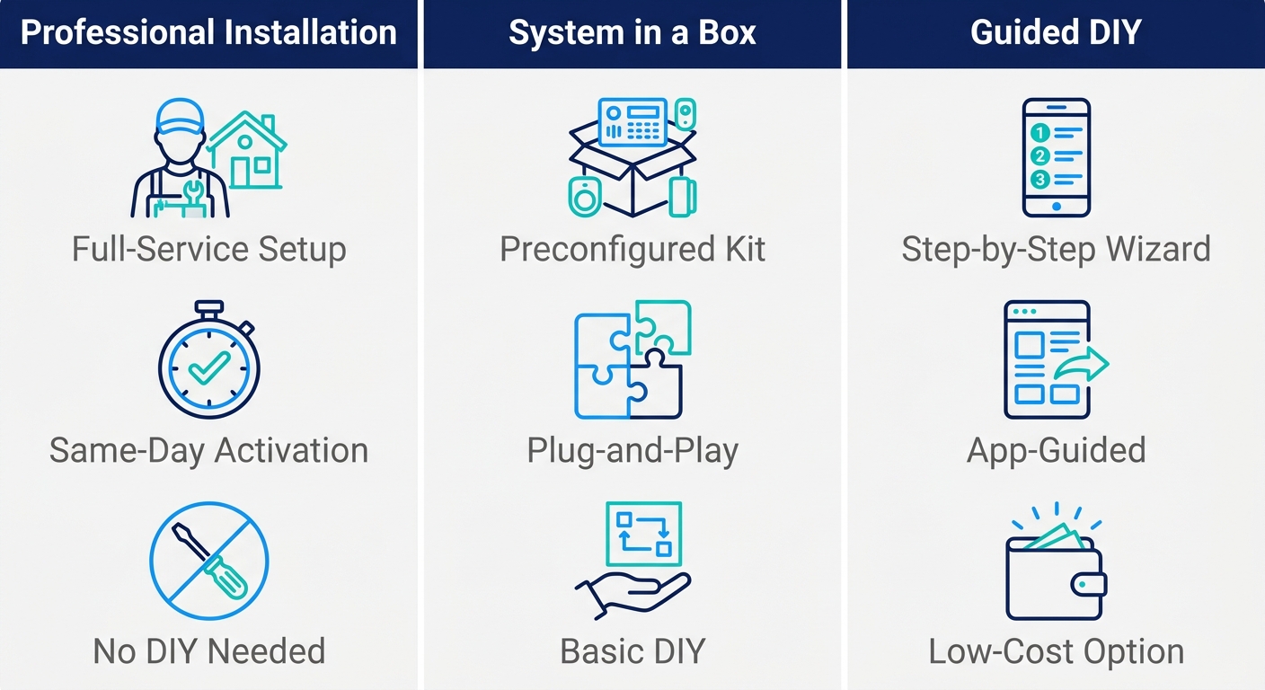 Infographic comparing three installation paths: Professional Installation, System in a Box, and Guided DIY, each with three labeled icons on a light gray background.