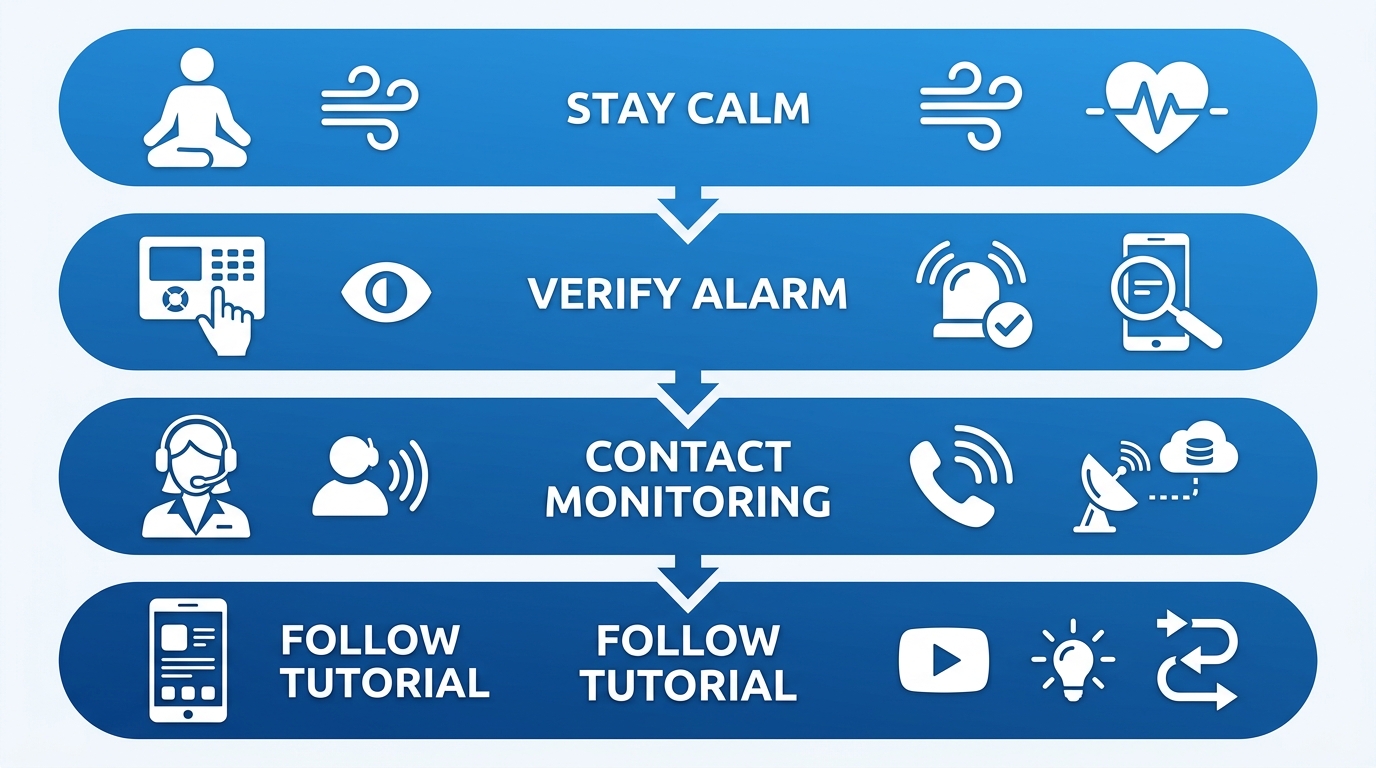 Vertical process flow diagram with four rounded gradient blue cards connected by downward arrows, each containing a white icon and label: Stay Calm, Verify Alarm, Contact Monitoring, Follow Tutorial, on a light background.