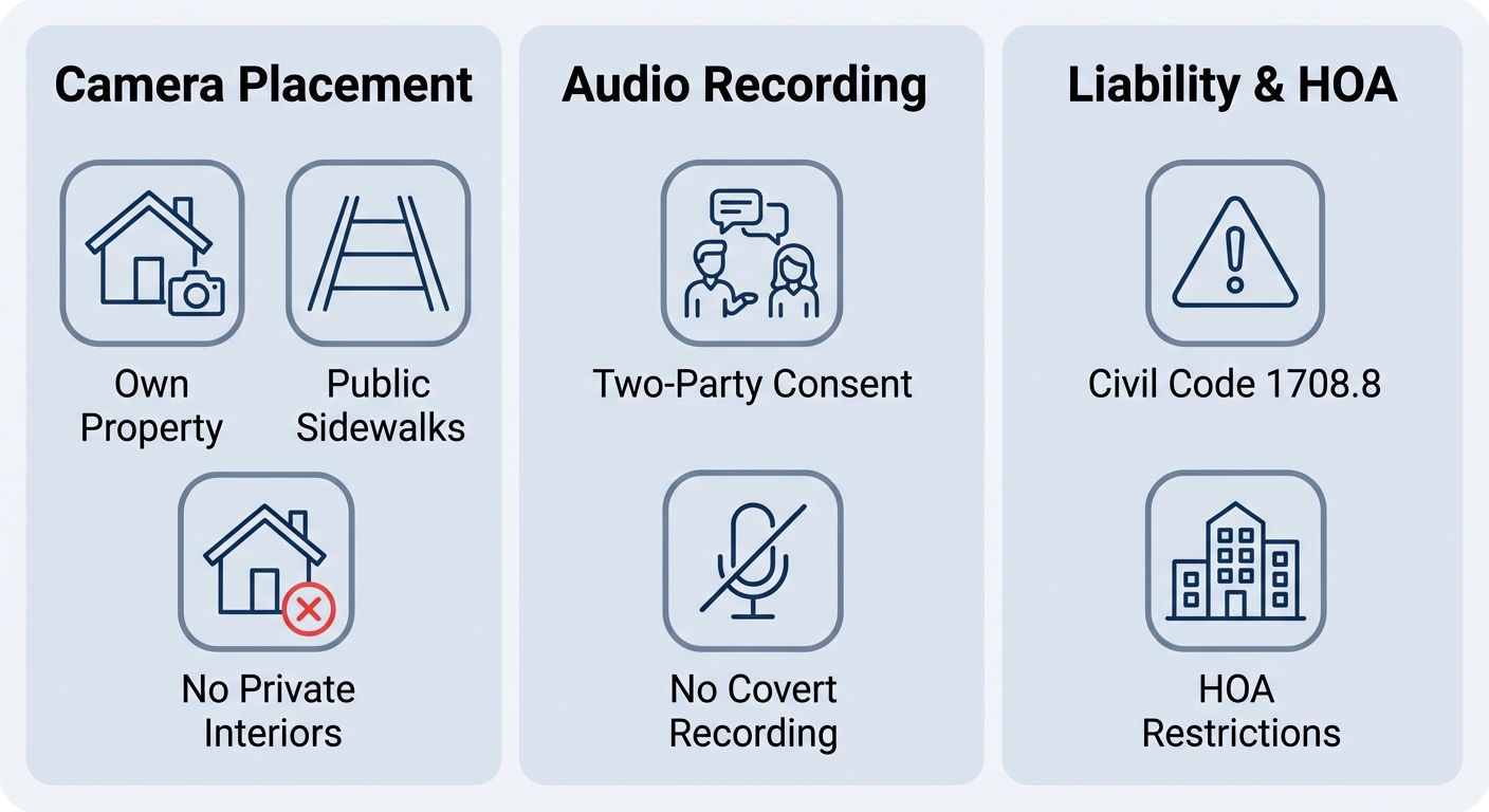 Infographic summarizing California video surveillance laws for homeowners in La Cañada Flintridge, covering camera placement, audio recording consent, and liability restrictions.